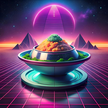 A futuristic 3D illustration of a bowl of Pulao. set against a retro 80s backdrop of neon lights. pyramids. and a glowing moon.  This image is perfect for food blogs. restaurants. or any project with a retro or futuristic vibe.の素材