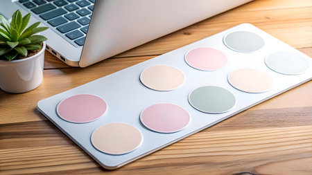 A clean. minimalist image showcasing a white surface with six pastel colored round stickers. Perfect for presentations. social media. or branding projects.の素材