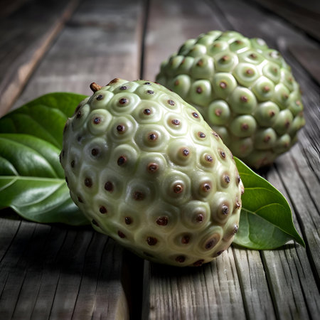 A close up 3D illustration of two fresh noni fruits on a rustic wooden surface.  Perfect for health and wellness. food. or tropical themes.の素材