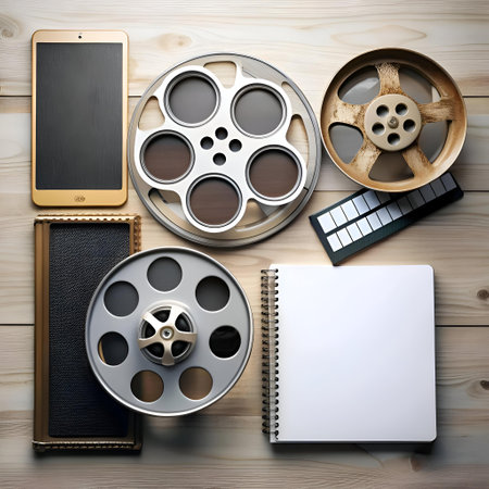 A top down view of a film production setup. featuring film reels. a notebook. a tablet. and a clapperboard. Perfect for blogs. websites. or social media posts about filmmaking. movie making. and film industry.の素材