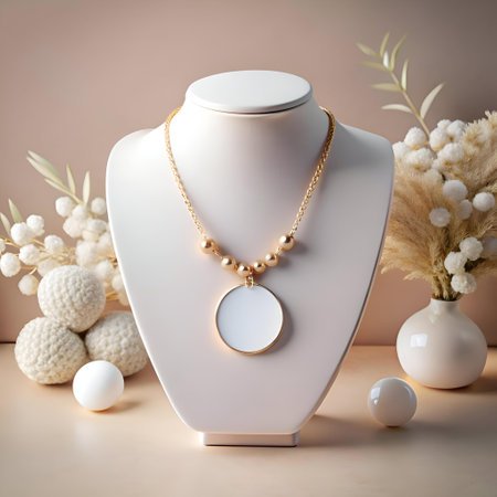 Elegant gold necklace with a circular pendant on a white bust mannequin. perfect for showcasing jewelry designs and creating stylish mockups.  The neutral background allows for easy customization.の素材
