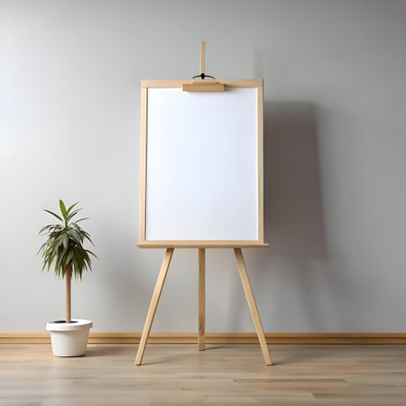 A simple yet elegant mockup of a blank presentation board on a wooden easel. Perfect for showcasing your ideas. designs. or messages. This image is ideal for presentations. marketing materials. and website designs.の素材