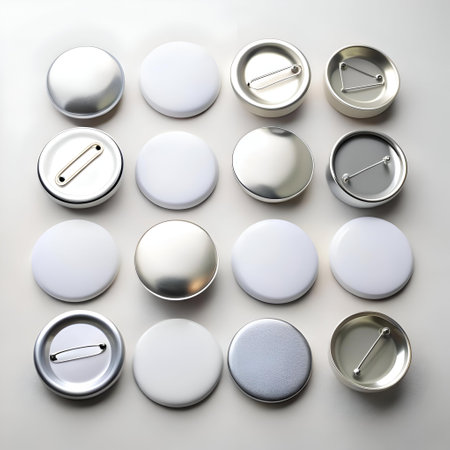 Blank badges or button pins arranged in a grid. perfect for showcasing your designs. logos. or messages.の素材