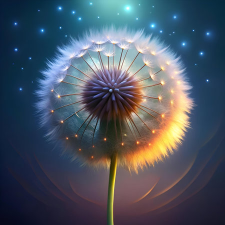 A whimsical dandelion glows with an ethereal light. symbolizing wishes and dreams against a starry night sky. This captivating image captures the magic of nature and the power of hope.の素材
