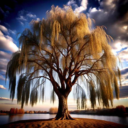 A majestic black willow tree stands tall against a dramatic sky. its weeping branches cascading gracefully towards a tranquil body of water. This 3D illustration captures the beauty and tranquility of nature. perfect for use in design projects or as a stunning visual element.の素材