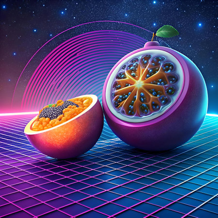 A vibrant 3D illustration of a passionfruit. split open to reveal its juicy. delicious interior. The fruit is set against a futuristic. neon inspired background.  Perfect for adding a touch of tropical sweetness to your designs!の素材