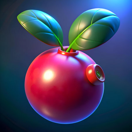 A vibrant 3D illustration of a red huckleberry. complete with glossy leaves. perfect for adding a touch of playful nature to your design projects.の素材