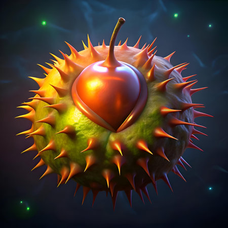 A striking 3D illustration of a single Chinese chestnut. showcasing its intricate spiky shell and vibrant. glossy chestnut within. Perfect for autumnal designs. food related projects. and nature inspired visuals.の素材