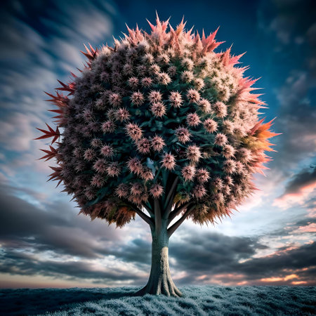 A surreal 3D illustration of a unique tree with spiky. colorful foliage against a dramatic cloudy sky. Perfect for fantasy. nature. and science fiction themes.の素材