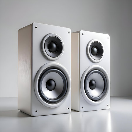 A pair of sleek white speakers. perfect for adding a touch of modern elegance to any room.  The speakers feature a clean. minimalist design with two distinct speakers per unit. ideal for delivering powerful audio.の素材