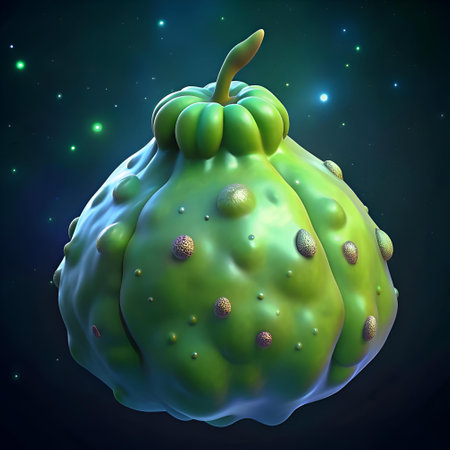 A vibrant 3D illustration of a chayote. rendered with a unique bumpy texture and a slightly otherworldly feel. Perfect for food illustrations. health & wellness concepts. or quirky designs.の素材