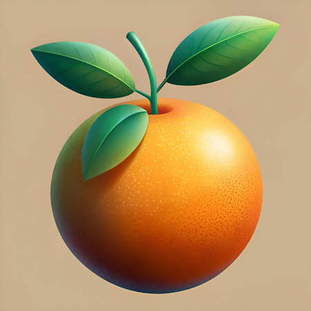A vibrant orange with two leaves. rendered in a stylized. glossy manner. Perfect for branding. app icons. or adding a touch of freshness to your designs.の素材