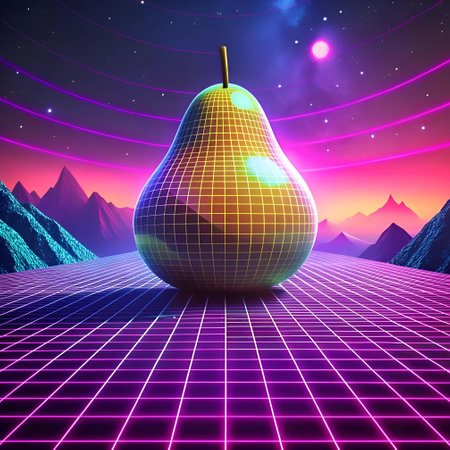 A retro futuristic pear. rendered in 3D. sits on a gridded landscape with a vibrant gradient background. Perfect for nostalgic designs. tech themed projects. and 80s inspired visuals.の素材