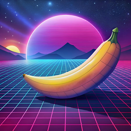 A vibrant 3D illustration of a banana set against a retro 80s inspired background.  The iconic banana sits on a grid. surrounded by a sunset and a synthwave style mountain range. Perfect for nostalgic designs.の素材