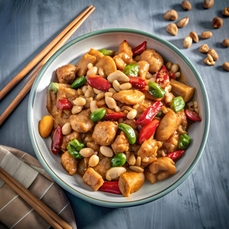A mouthwatering 3D illustration of Kung Pao Chicken. featuring a vibrant mix of chicken. peanuts. peppers. and vegetables. served in a traditional bowl. Perfect for restaurant menus. food blogs. and recipe websites.の素材