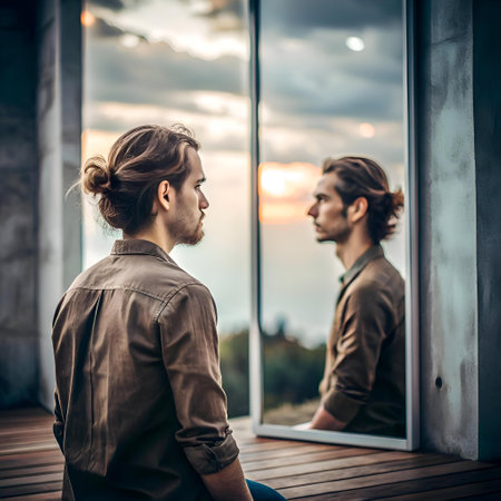 A young man stands in front of a mirror. reflecting on his own image. The shot is filled with deep introspection. perfect for themes of identity. self reflection. and the passage of time.の素材