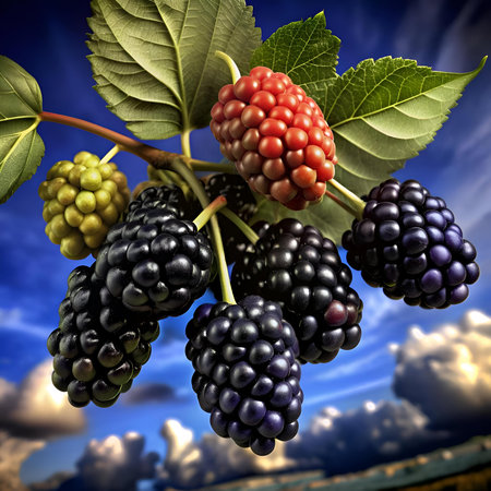 A close up shot of ripe blackberries hanging from a branch. showcasing their juicy texture and vibrant colors against a soft. cloudy sky.の素材