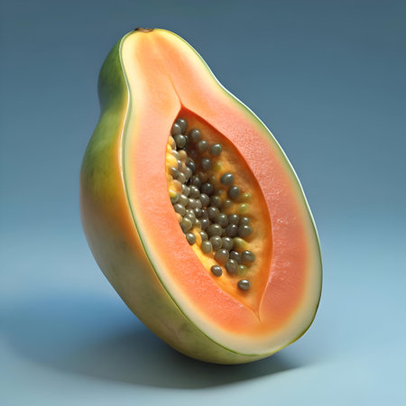 A realistic 3D illustration of a halved papaya. showcasing its vibrant orange flesh and black seeds. Perfect for adding a touch of tropical flair to your designs.の素材