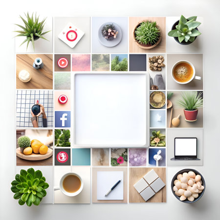 A modern and minimalist flat lay showcasing a blank white frame surrounded by social media icons. lifestyle objects. and plants. Perfect for showcasing your brand. product. or message!の素材