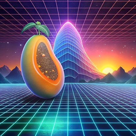 A vibrant. 3D rendered papaya sits in a futuristic. 80s inspired landscape. This retro styled image is perfect for adding a touch of playful nostalgia to your designs.の素材