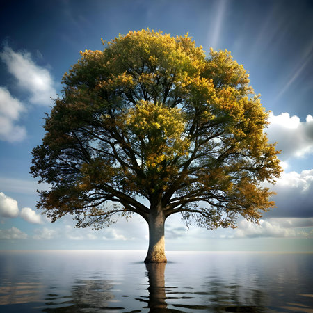 A stunning 3D illustration of an elm tree standing tall in a tranquil body of water. The vibrant foliage and dramatic sky create a peaceful and ethereal atmosphere. perfect for nature inspired designs.の素材