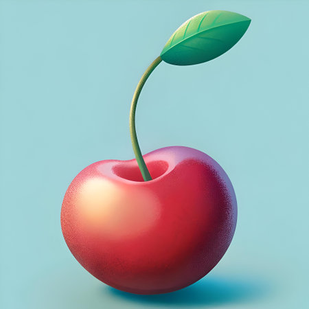 A vibrant 3D illustration of a single cherry. rendered in a glossy. realistic style. The cherry boasts a deep red hue and a single green leaf. creating a simple yet visually appealing image. Perfect for adding a touch of summery sweetness to your designs.の素材