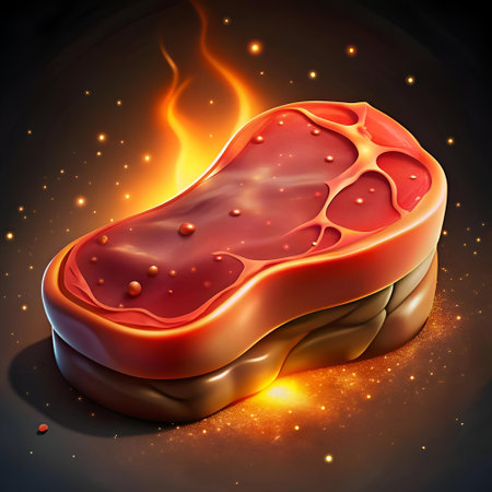 A sizzling 3D illustration of a juicy steak. perfect for adding a touch of mouthwatering realism to your culinary designs. The detailed texture and glowing embers create a sense of heat and deliciousness.の素材