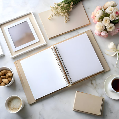 Elegant flat lay with a blank sketchbook. white picture frame. and neutral accents. Ideal for showcasing product displays. branding. or creative projects.の素材