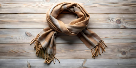 A warm and cozy brown and white scarf with tassels lays neatly folded on a rustic wooden surface. Perfect for adding a touch of fall fashion to your designs.の素材