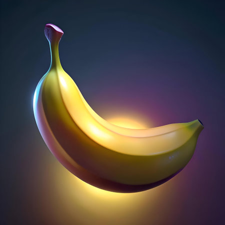 A vibrant. golden banana glows with a warm light. making it a delicious and eye catching symbol of health and happiness. Perfect for adding a touch of fun and tropical vibes to your designs.の素材