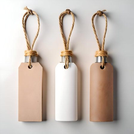 Three blank gift tags with twine. one white. one brown. and one natural. Perfect for adding your own text or designs for a personal touch!の素材
