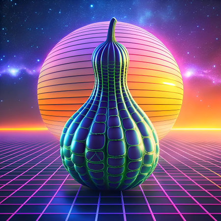 A vibrant 3D illustration of a bitter gourd in a retro 80s style setting. The gourd is rendered with a futuristic. geometric design. and the background features a bright. colorful sunset with a striped planet and a glowing grid. This image is perfect for adding a touch of retro cool to your designs.の素材
