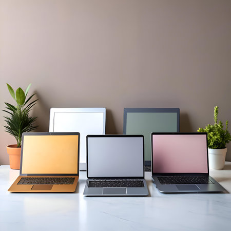 A modern and clean workspace with four laptops. perfect for showcasing your designs or presentations.の素材