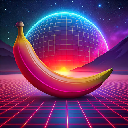 A vibrant 3D illustration of a red banana against a glowing retro futuristic background. Perfect for adding a quirky. retro vibe to your designs.の素材