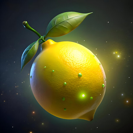 A vibrant 3D rendered lemon with a glossy finish and green leaves. Perfect for adding a touch of freshness and summery vibes to your designs.の素材