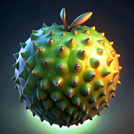A striking 3D illustration of a spiky soursop fruit. The vibrant green exterior with golden highlights creates a unique and eye catching visual. Perfect for adding a touch of nature and tropical flair to your designs.の素材