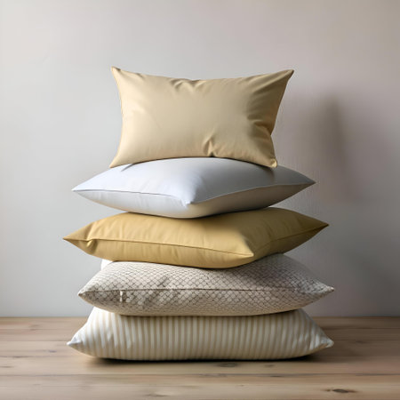 Stack of five cozy pillows in various textures and colors   perfect for adding a touch of warmth and comfort to your home dÃ©cor.の素材