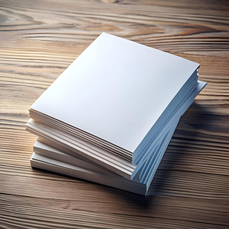 A stack of blank white papers on a rustic wooden table. Perfect for showcasing your design projects. branding materials. or mockups.の素材