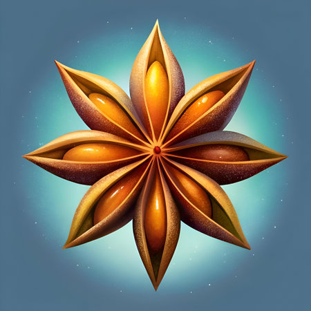 A vibrant 3D illustration of a star anise. rendered in a realistic style. The intricate details and warm color palette make this illustration ideal for culinary. festive. or herbal themed projects.の素材