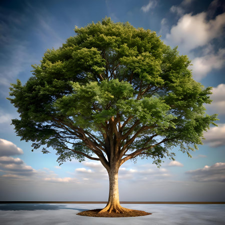 A majestic American elm tree stands tall and proud against a vibrant blue sky. its lush green foliage reaching towards the heavens. This 3D illustration captures the serene beauty of nature. perfect for evoking a sense of peace and tranquility.の素材