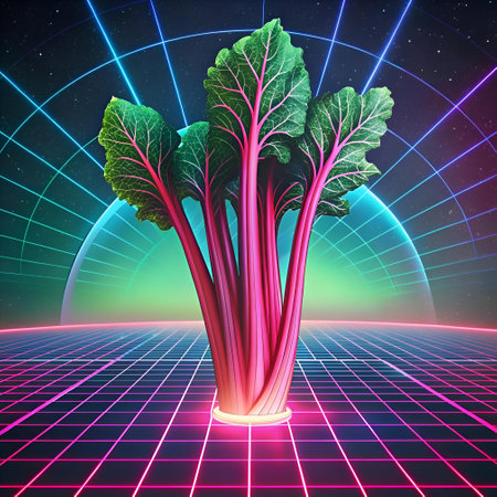 A vibrant 3D illustration of a stalk of rhubarb in a retro futuristic setting. The image evokes a nostalgic feel with its 80s inspired design. perfect for use in presentations. social media. or as a quirky design element.の素材