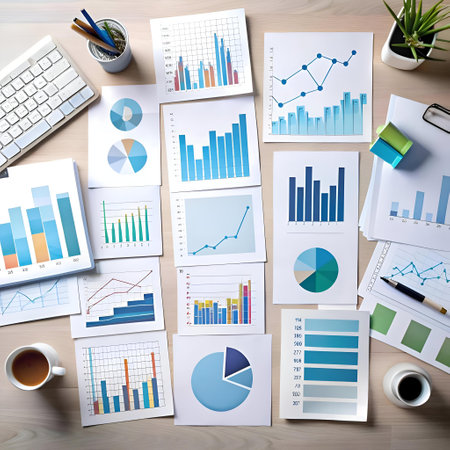 Flat lay of a wooden desk with various colorful charts. graphs. and financial documents. Perfect for illustrating business. finance. strategy. analysis. and planning concepts.の素材