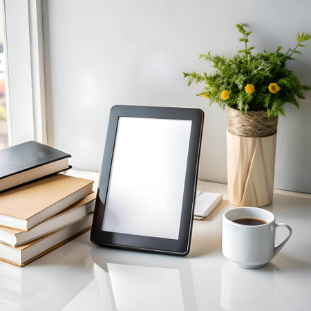 Clean and minimalist mockup featuring a blank tablet screen. stacked books. a potted plant. and a coffee mug. Perfect for showcasing your e book. printable design. or digital product.の素材