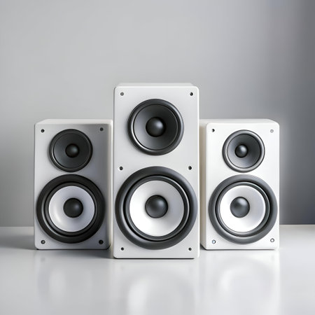 Three sleek. modern speakers in a minimalist setting. Perfect for showcasing audio equipment. technology. or music.の素材