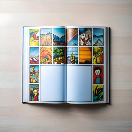 Open comic book with colorful panels. ready for your own story! Perfect for creating a sense of excitement and anticipation.の素材