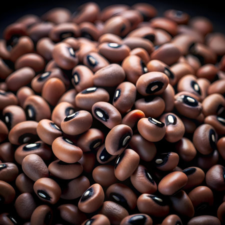 A close up. 3D rendered image of black eyed peas. showcasing their rich brown color and distinct black eyes. Perfect for illustrating healthy eating. food blogs. or recipes.の素材