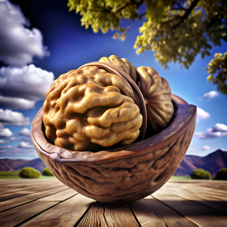 A realistic 3D illustration of a California walnut shell. showcasing the intricate details of its texture and the golden kernel within. Perfect for adding a touch of nature to your designs.の素材