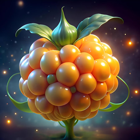 A vibrant 3D illustration of a cloudberry. showcasing its unique spherical shape and glossy texture. Perfect for adding a touch of nature and sweetness to your designs.の素材