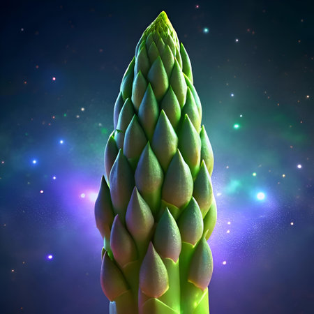 A striking 3D illustration of an asparagus spear. rendered with intricate detail and a vibrant green hue. set against a backdrop of a starry night sky. Perfect for culinary. scientific. or artistic applications.の素材