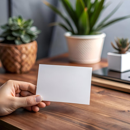 A hand holds a blank white business card against a blurred background of plants and a wooden table. Perfect for showcasing your logo or design.の素材